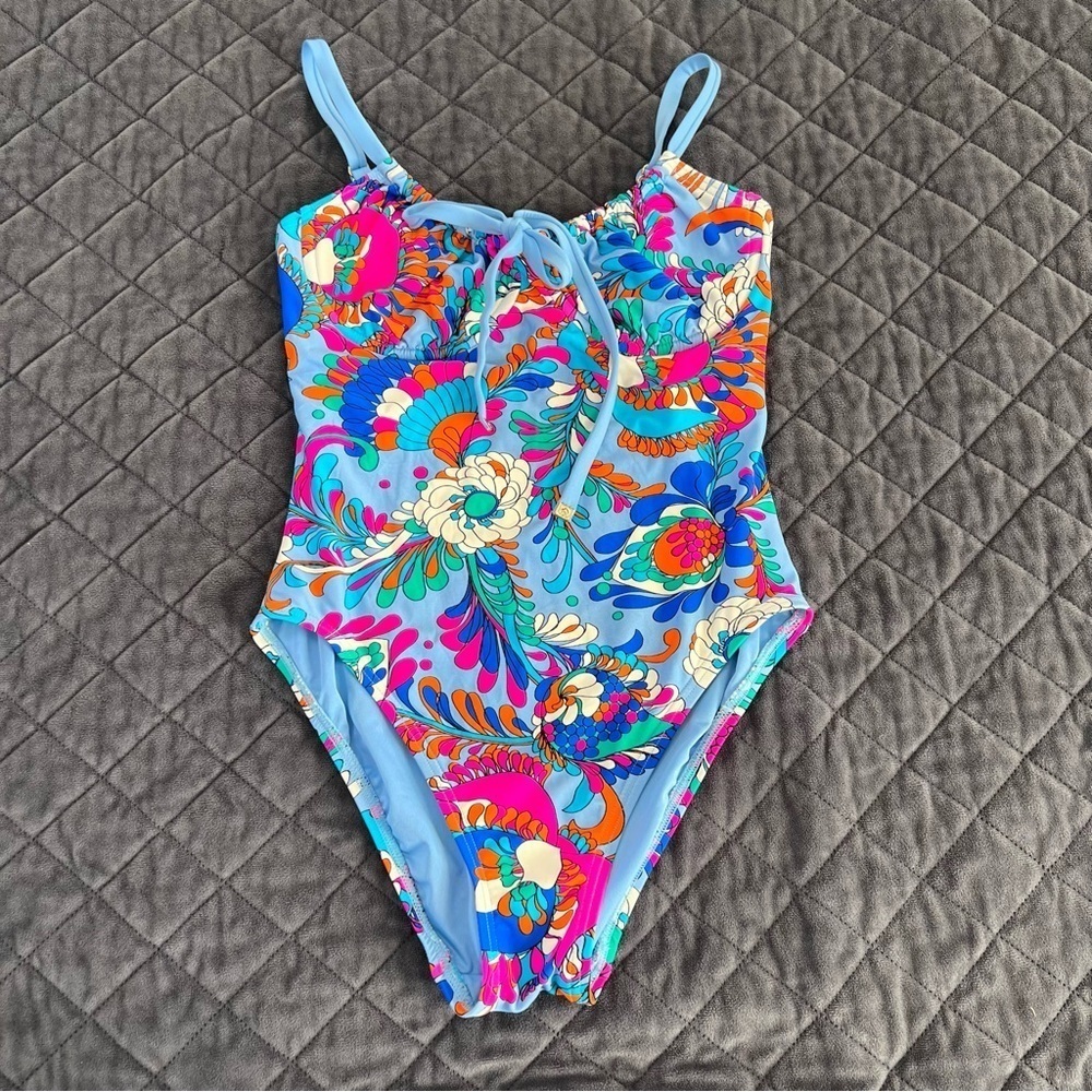 Kate Spade One Piece Swimsuit Spring Water Small Tie Front Tropical Floral B14
